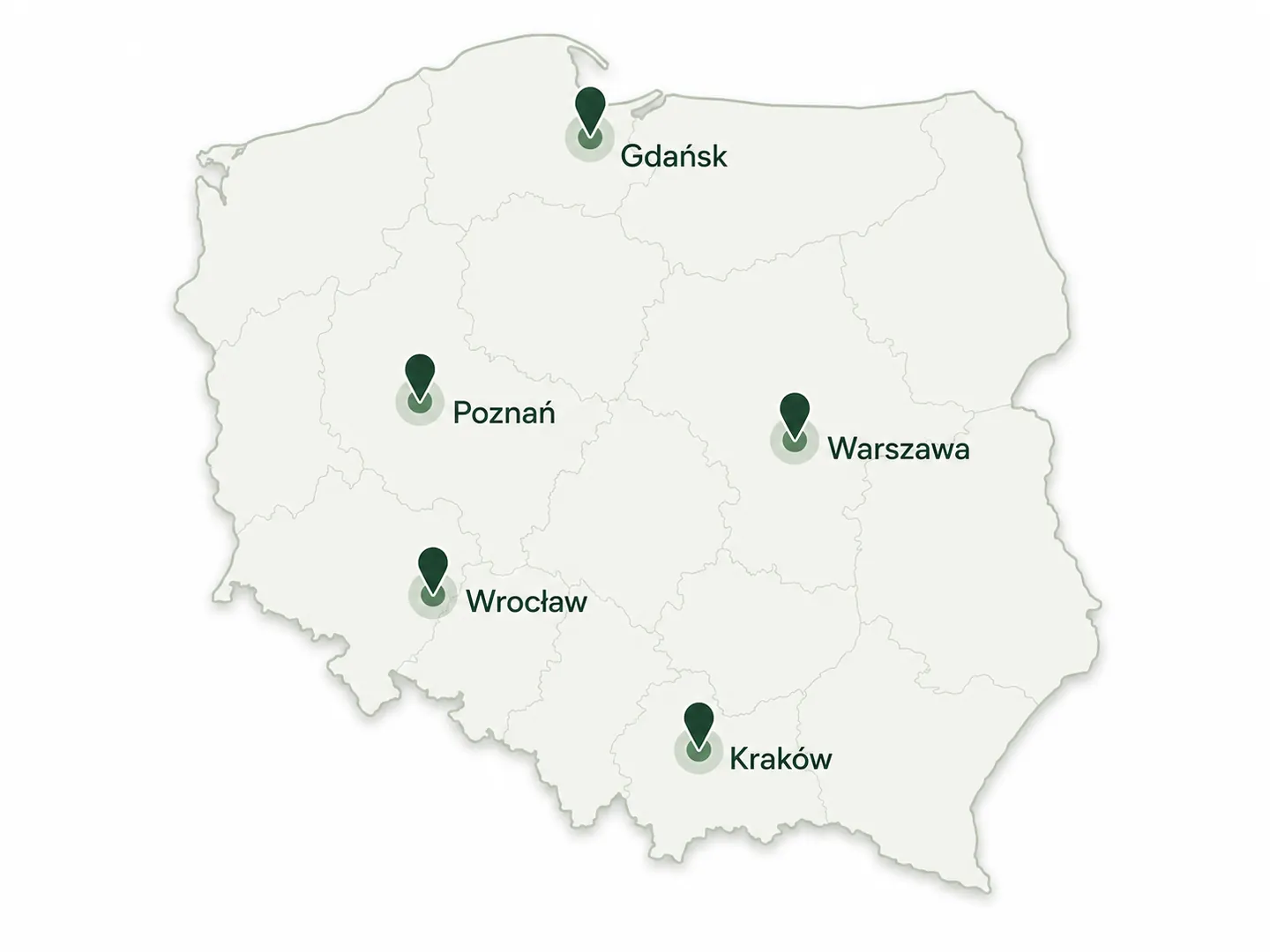Mapa Polski — miasta, w których mamy stoiska: Warszawa, Kraków, Wrocław, Poznań, Gdańsk
